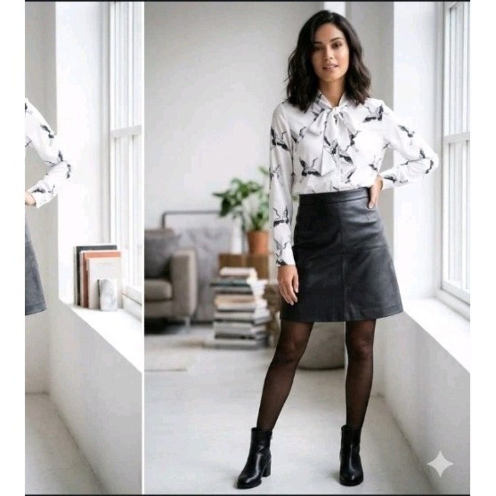 White Bird Print Bow Tie Neck Collared Long Sleeve Button-Up Blouse M